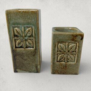 Vintage Ceramic Votive Pillar Candle Holder Set Leaf Relief Rustic Decor
